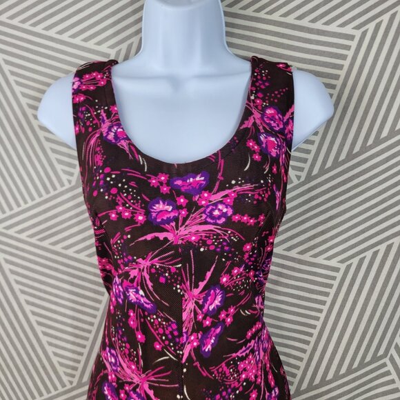 Vintage 60s Crop Jacket Dress Set XS Small Hostess Maxi Floral Pink Brown - Picture 8 of 10